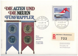 Svájc 1980-1981. 5r (4db, 2xklf) Felbélyegzett "A Régi és Az új 5 Rappen érme" Borítékban, Bélyegzéssel T:UNC Switzerlan - Unclassified