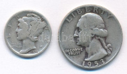 Amerikai Egyesült Államok 1936. 1d (10c) Ag "Mercury" + 1953D 1/4$ Ag "Washington" T:F Patina USA 1936. 1 Dime (10 Cents - Zonder Classificatie