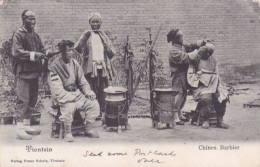 CHINA POSTCARD TIENTSIN BEIJING PEKING OPEN AIR BARBERS USED GUERNSEY 1906 - Chine