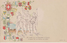 SWITZERLAND - Patriotic - Embosed Vignette Chromo.  "Wir Woffen Sein Ein Einzig Volk Von Bruden Jn Keiner Not Uns Etc" - Figuren