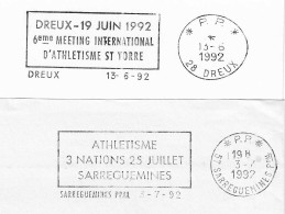 1992 Flammes Postales Sarreguemines + Dreux En Port Payé (P.P.); Athlétisme. - Mechanical Postmarks (Advertisement)