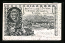 Künstler-AK Rosenheim / Obb., Festkarte 50 Jähr. Jubiläum Veteranen- & Kriegervereins 1900, Teilansicht, Löwe & Wa  - Rosenheim