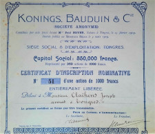 Konings Bauduin & C° - 1909 - Action De 1000 Fr Délivrée à Monsieur Claikens Joseph Avocat à Tongres - Sonstige & Ohne Zuordnung