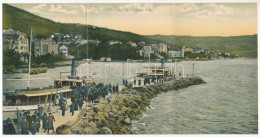 T2/T3 1907 Abbazia, Opatija; Hafen / Molo - 3-tiled Folding Panoramacard / Kikötő, "Volosca" Gőzös. 3-részes Kinyitható  - Non Classificati