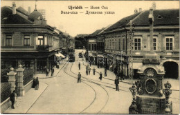 T2 1914 Újvidék, Novi Sad; Duna Utca, Ivkovic Milan üzlete, Sírkőraktár, Villamos / Street, Shops, Tram - Zonder Classificatie