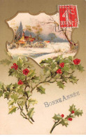 Nouvel An - N°84662 - Bonne Année - Paysage Enneigée, Et Branches De Houx - Carte Gaufrée - New Year