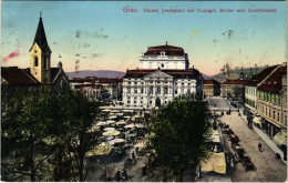 T2/T3 Graz (Steiermark), Kaiser Josefplatz Mit Evangel. Kirche Und Stadttheater / Tér, Evangélikus Templom, Színház, Pia - Unclassified