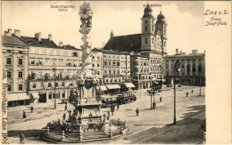 ** T2 Linz, Franz Josef-Platz, Dreifaltigkeits-Säule, Domkirche / Square, Holy Trinity Statue, Church, Tram, Shops / Fer - Ohne Zuordnung