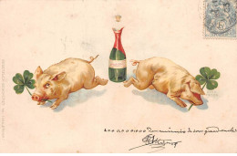 Animaux - N°86728 - Cochons - Deux Cochons Avec Des Trèfles Autour D'une Bouteille De Champagne - Pigs
