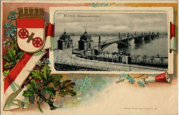** T4 Mainz, Strassenbrücke / Bridge. L. Klement Kunstverlag Art Nouveau, Floral, Emb. Litho Frame With Coat Of Arms (pi - Non Classificati