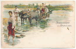 T3 Salutari Din Romania / Folklore With Oxen Cart. Künzli Nr. 952. Art Nouveau Litho (fl) - Ohne Zuordnung