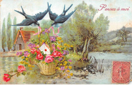 Fantaisie - N°87300 - Pensez à Moi - Hirondelles Apportant Un Panier Rempli De Fleurs - Carte Gaufrée - Other & Unclassified