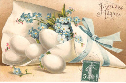 Pâques - N°87456 - Joyeuses Pâques - Oeufs Et Myosotis Dans Un Cornet - Carte Gaufrée, Pliée Vendue En L'état - Ostern