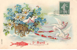 1er AVRIL - SAN65102 - Colombes Tirant Un Chariot Rempli De Fleurs - 1er Avril - Poisson D'avril