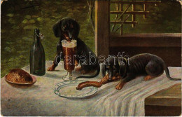 T2/T3 1914 Dachshund Dogs With Beer, Bread And Sausage. Serie 566. (6 Dess.) S: Aug. Müller (kopott Sarkak / Worn Corner - Unclassified