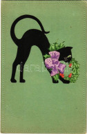 T2/T3 1929 Fekete Macska Koszorúval, Kézzel Készült Képeslap / Black Cat, Hand-made Postcard - Unclassified