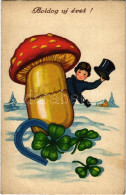 T2/T3 1940 Boldog új évet. Kéményseprő Gombával / New Year Greeting, Chimney Sweeper With Mushroom - Non Classés
