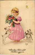 * T2/T3 Szívélyes üdvözlet Születésnapjára, Kislány Kutyákkal / Name Day Greeting, Girl With Dogs. Pittius - Unclassified