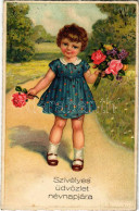 T2/T3 1941 Szívélyes üdvözlet Névnapjára. Kislány Virácsokorral / Name Day Greeting, Girl With Flowers. B. Co. B. 9882/2 - Non Classificati