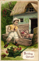 T4 Boldog Újévet / New Year Greeting Art Postcard With Boy, Horseshoes, Clovers, Mushrooms And Pigs. Emb. Litho (lyuk /  - Zonder Classificatie