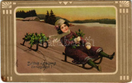 * T3 Boldog Karácsonyi ünnepeket / Christmas Greeting Art Postcard With Sledding Lady, Winter Sport. Art Nouveau, Litho  - Ohne Zuordnung