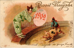 T2/T3 1902 Prosit Neujahr / New Year Greeting Art Postcard With Circus Clown, Monkey Riding On A Pig, Clovers. Litho (EK - Unclassified