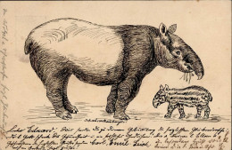 Handgemalt Tapir Mit Kalb Ganzsache I-II Peint à La Main - Altri & Non Classificati