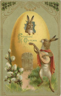 Ostern Hase Musizierend Prägekarte II (Marke Entfernt, Ecken Gestossen) Paques - Pâques