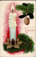 Weihnachten Kerze Personifiziert Prägekarte I-II Noel - Autres & Non Classés