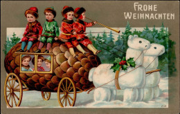 Weihnachten Kinder Tannenzapfenkutsche Prägekarte I-II Noel - Other & Unclassified
