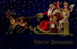 Weihnachtsmann Engel Schlitten Prägekarte I-II (kl. Eckbug, RS Klebereste) Pere Noel Ange - Sonstige & Ohne Zuordnung
