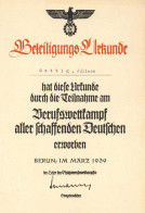 Verleihungsurkunde Berufswettkampf Aller Schaffenden Deutschen Berlin 1939 I-II - Guerre 1939-45