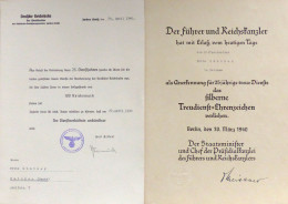 Verleihungsurkunde Silbernes Treudienst-Ehrenzeichen 1940 Deutsche Reichsbahn In Original-Mappe Mit Emblem II - Guerra 1939-45