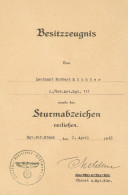 WK II Dokumente Besitzzeugnis Sturmabzeichen 1943 I-II - Weltkrieg 1939-45