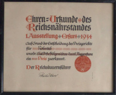 WK II Erfurt 1934 Ehren-Urkunde (im Rahmen) Des Reichsnährstandes Für Rohmilch (36 X 30,5 Mm) - Weltkrieg 1939-45