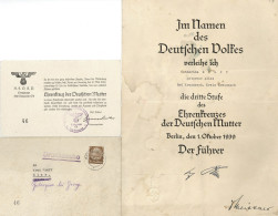 Verleihungsurkunde Ehrenkreuz Der Deutschen Mutter 3. Stufe 1. Oktober 1939 Sign. Hitler, Adolf Inkl. Karte Der NSDAP Or - War 1939-45