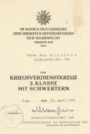 Verleihungsurkunde Kriegsverdienstkreuz 2. Klasse Mit Schwertern Vom 20. April 1943 II (leicht Fleckig) - War 1939-45