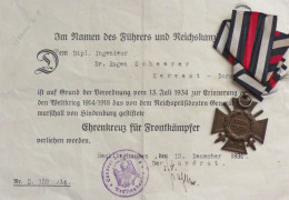 WK II Orden Ehrenkreuz Für Frontkämpfer Mit Band Und Verleihungsurkunde Hersteller G4 - Weltkrieg 1939-45