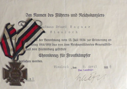 WK II Orden Ehrenkreuz Für Frontkämpfer Zum 1. Weltkrieg, Orden Und Urkunde, Wiesloch 8. April 1935 II - Oorlog 1939-45