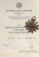 WK II Orden Kriegsverdienstkreuz 2. Klasse Mit Schwertern Mit Verleihungsurkunde - Weltkrieg 1939-45