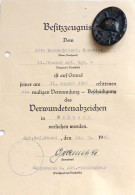 WK II Orden Verwundetenabzeichen In Schwarz Mit Verleihungsurkunde - Guerra 1939-45