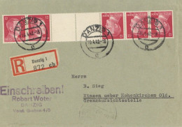 DANZIG - DR-HITLER-ZUSAMMEN-KEHRDRUCK Portoger. Auf R-Fernbrief O Danzig 10.4.42 Rücks. Danzig-Werbe-Vignetten I-II - War 1939-45