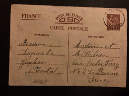 CP EP IRIS 0,90 OBL. Tiretée ?-? 40 JUNHAC CANTAL (15) Datée 14 NOVEMBRE 1940 + LAQUERBE Pour CIBEAU à LE PERREUX - WW II