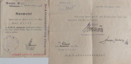 Schiff Kreuzer WK I S.M.S. Helgoland Beförderungs-Urkunde Leutnant Zur See 1915 U. Ausweis/Passierschein (Zugangsberecht - Weltkrieg 1914-18
