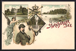 Lithographie Berg /Starnberger See, Unglückstätte, Schloss Berg, Denkmal  - Starnberg