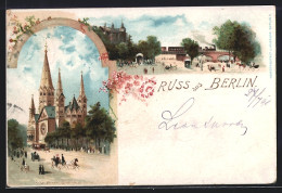 Lithographie Berlin-Charlottenburg, Kaiser Wilhelm Gedächnis Kirche, Strassenbahn  - Charlottenburg