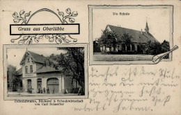 Oberlübbe (4955) Kolonialwarenhandlung Und Gasthaus Schaeffer Schule II (Stauchung, Marke Entfernt) - Other & Unclassified