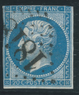 N°14 20c BLEU NAPOLEON / GC 1818 DELIE / CACHET D'ESSAI REALISE A LYON ENTRE LE 20 ET LE 25 FEV 1862 - 1853-1860 Napoléon III.