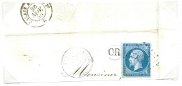 N°14 20c BLEU NAPOLEON SUR FRAGMENT / PC 1473 GUISNES EN CALAIS / 26 NOV 1859 / CACHET OR - 1853-1860 Napoléon III.