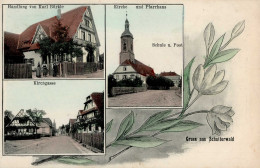 Schutterwald (7601) Handlung Bürkle Kirchgasse Schule Postamt Kirche Pfarrhaus 1909 I- - Karlsruhe
